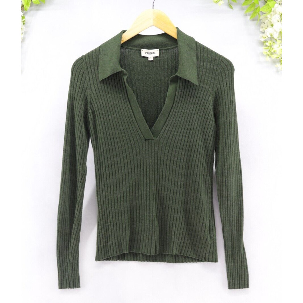 L'agence Women's Collared V-Neck Ribbed Long Sleeve Sweater Small